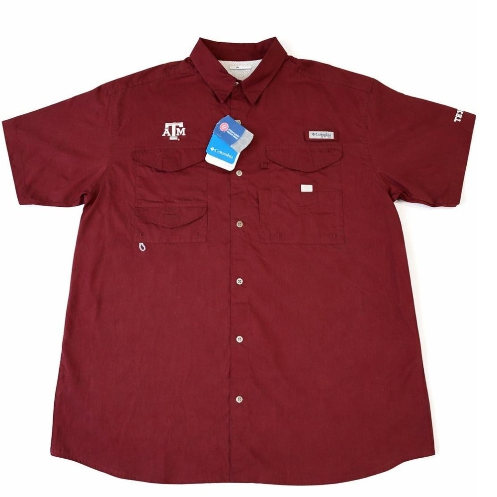 Columbia PFG Texas A&M Aggies Button Shirt Mens Short Sleeve Fishing Maroon NWT